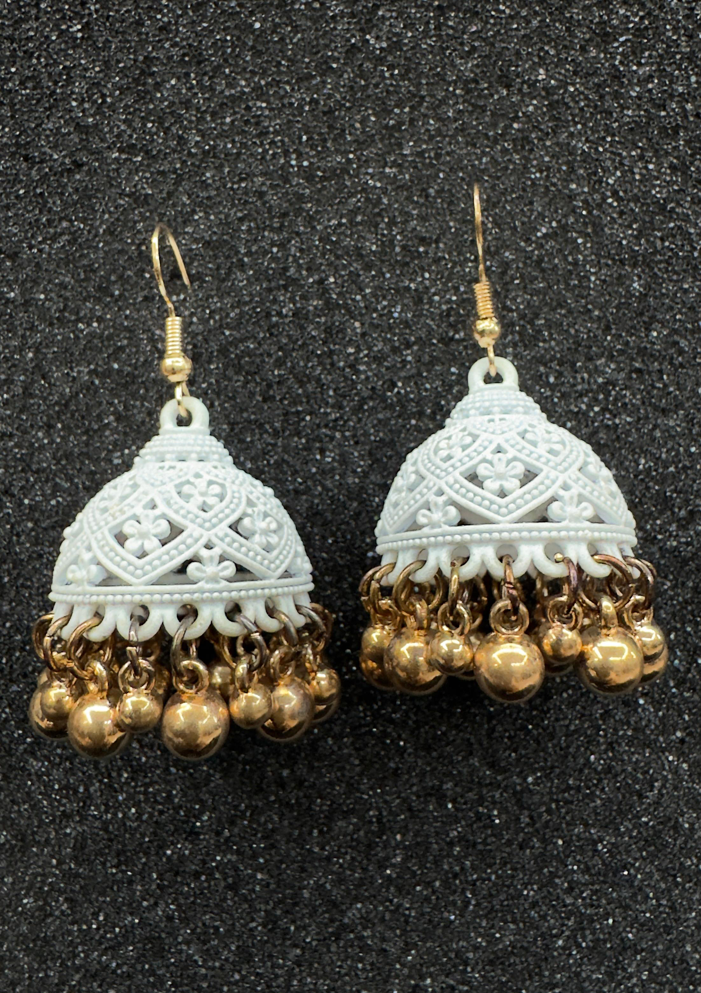 White Carved Jhumka Earrings with Gold-Tone Moti Drops