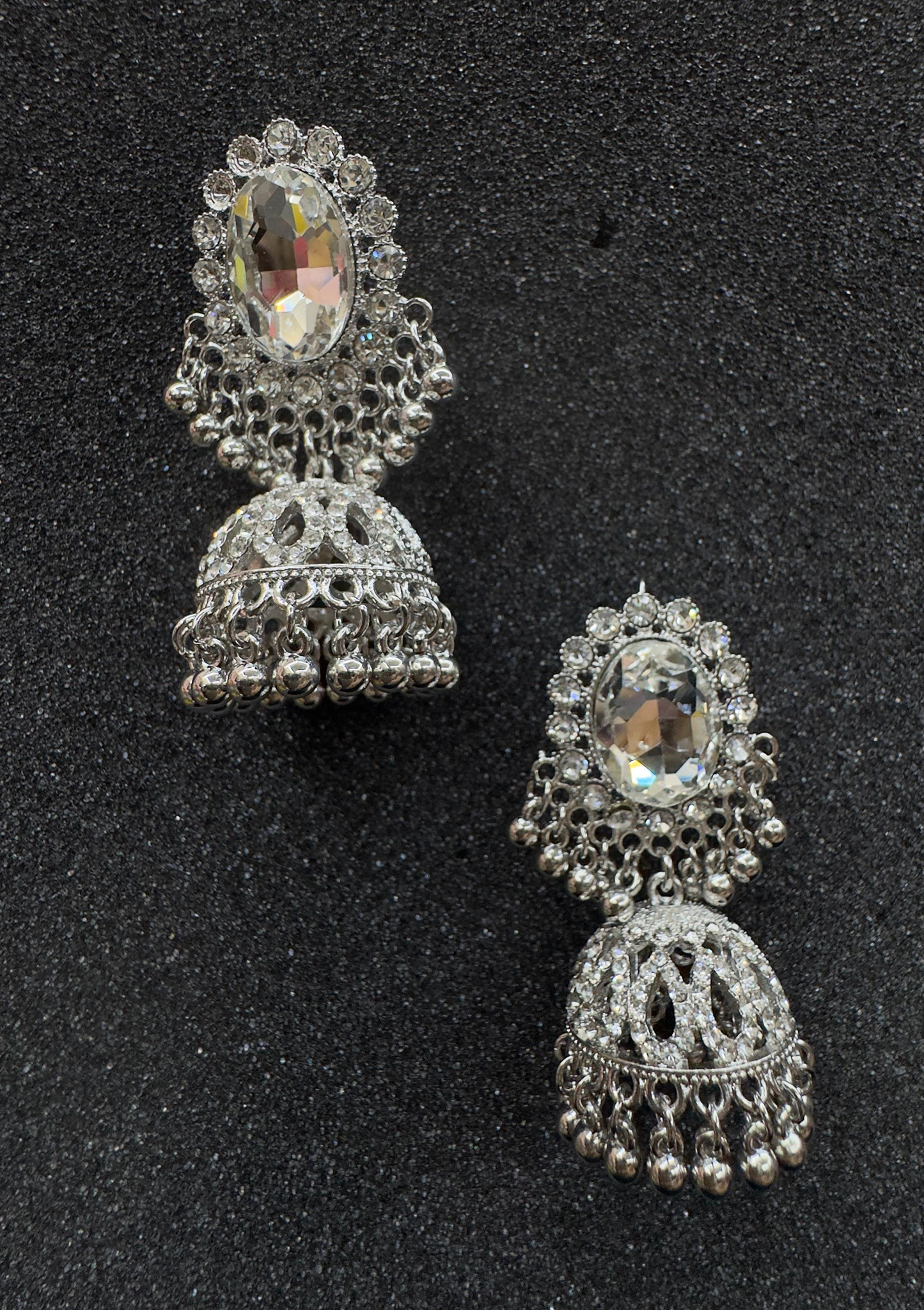 Silver Jhumka Earrings with Oval Crystal Stud and Pearl Drops