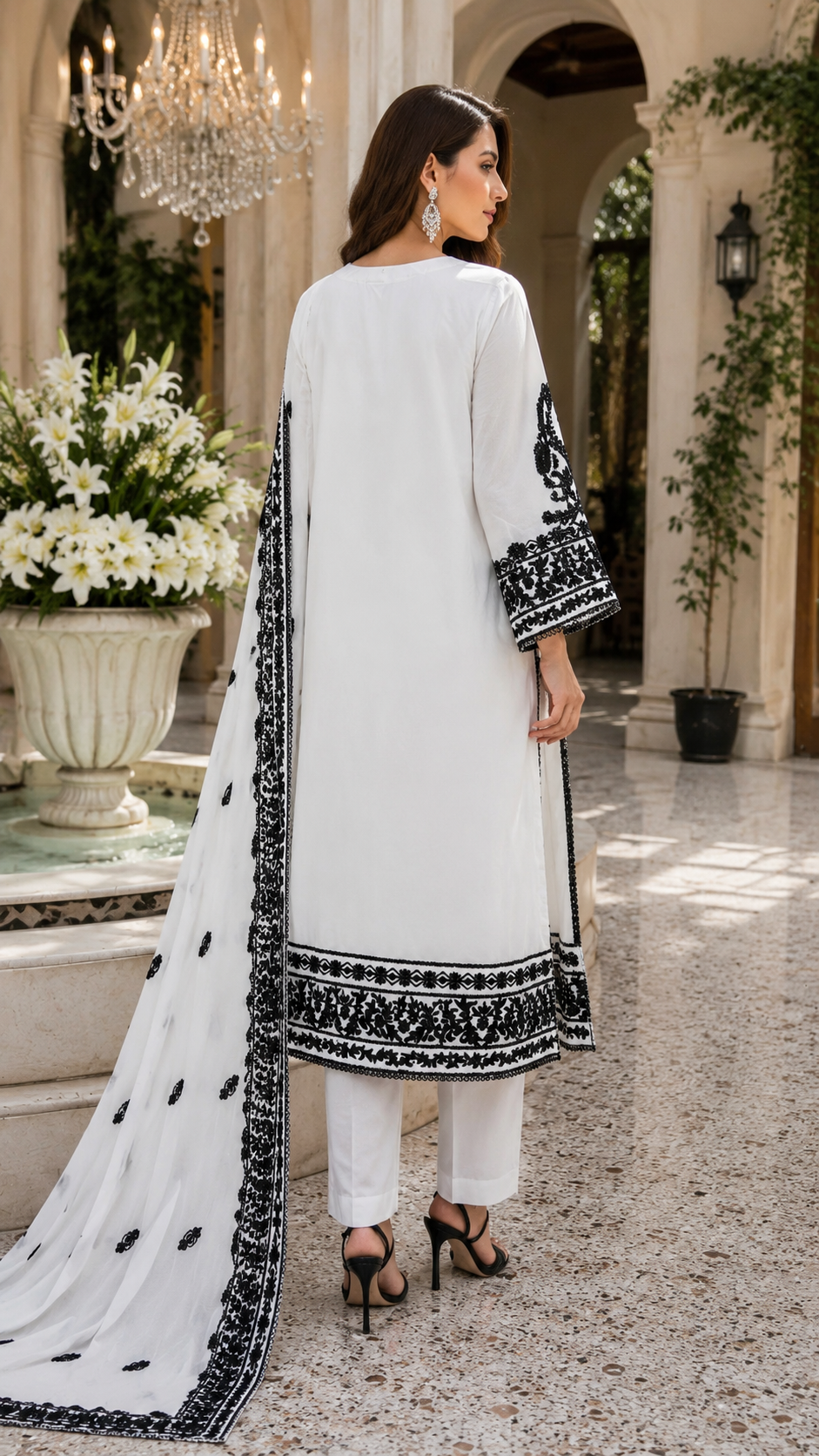 White Chiffon Aari Embroidered 3-Piece Pakistani Suit
