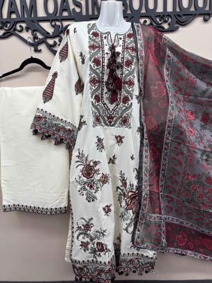 Embroidered Cotton 3 Piece Suit with Printed Chiffon Dupatta