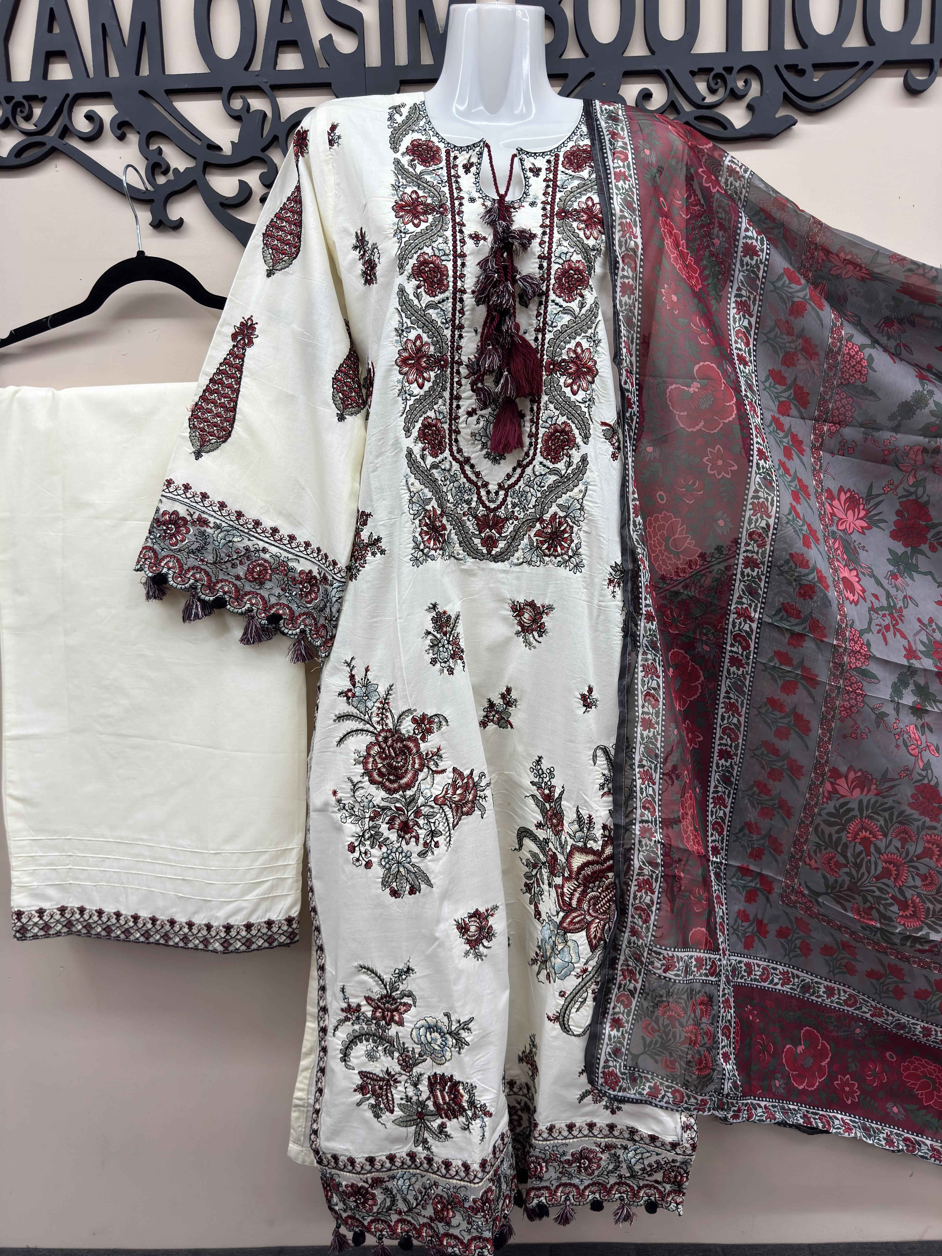 Embroidered Cotton 3 Piece Suit with Printed Chiffon Dupatta