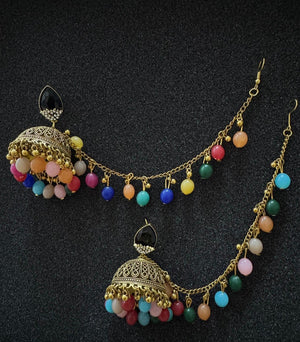 Oxidized Gold Afghan jhumka earrings with colorful beads and decorative sahara chain in Canada
