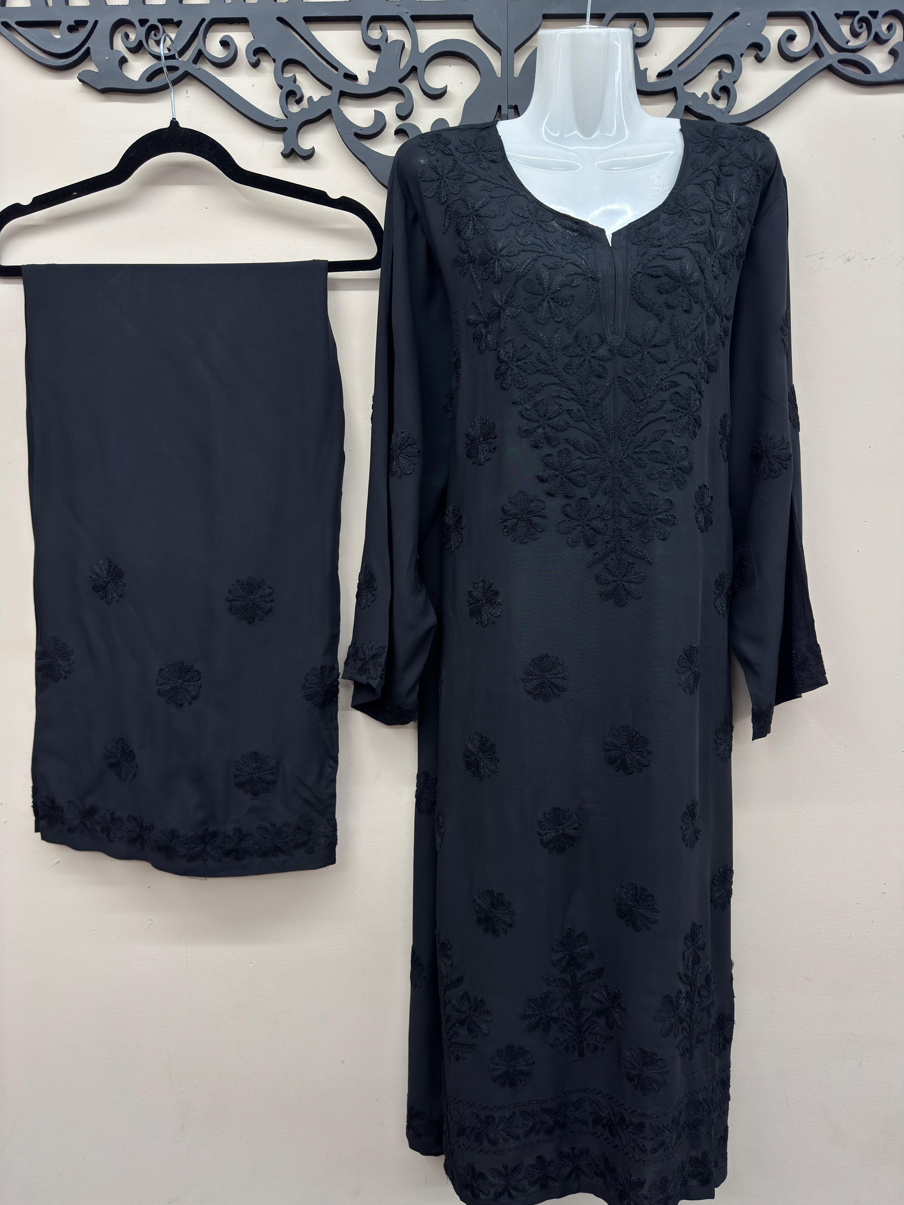 Women's black linen co-ord set featuring elegant black-on-black embroidery in Canada