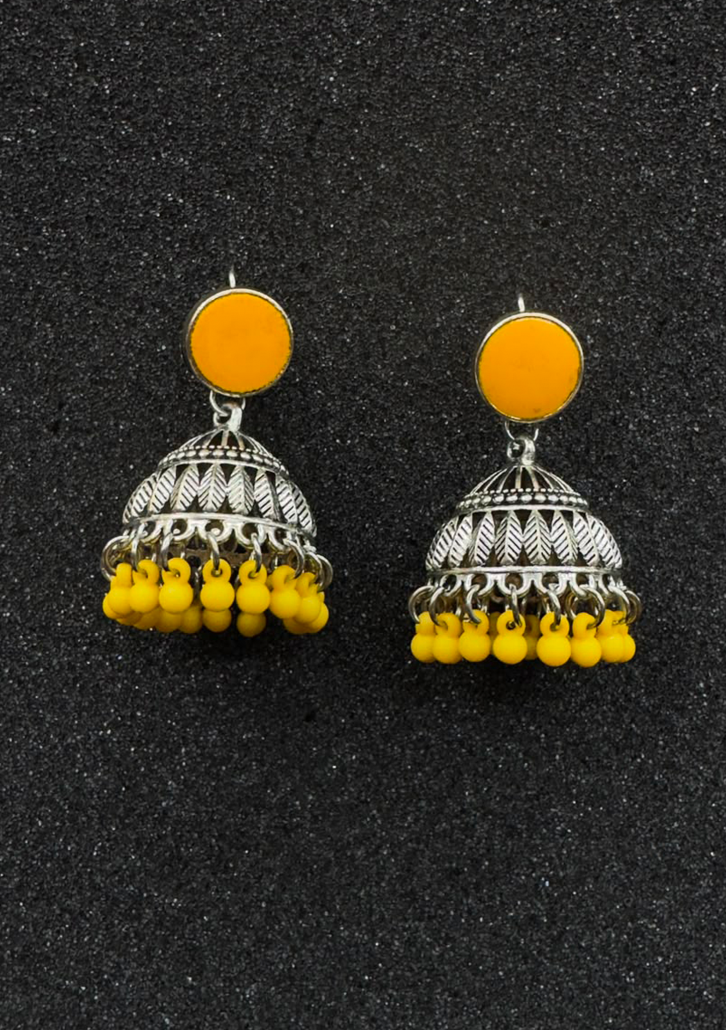 Silver Jhumka Earrings with Yellow Stone Stud and Bead Drops