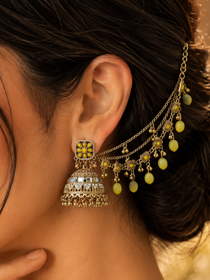 Yellow mirror oxidized jhumka earrings with Sahara chain, floral stud design and yellow bead drops, traditional ethnic jewelry for women in Canada