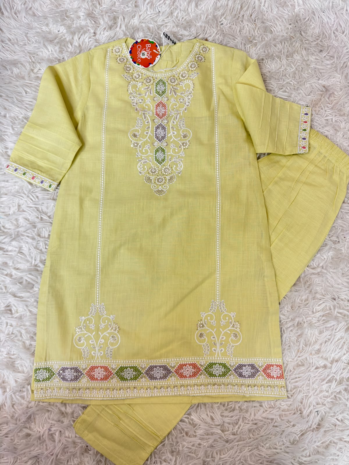 Yellow cotton embroidered girls outfit with matching trousers in Canada