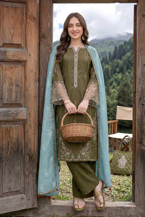 Pakistani Zahra Rubab Mehndi embroidered lawn suit with hand painted dupatta in canada