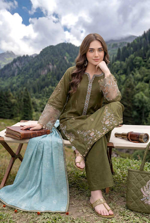 Zahra Rubab Mehndi embroidered lawn suit with hand painted dupatta