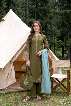 Zahra Rubab Mehndi embroidered lawn suit with hand painted dupatta
