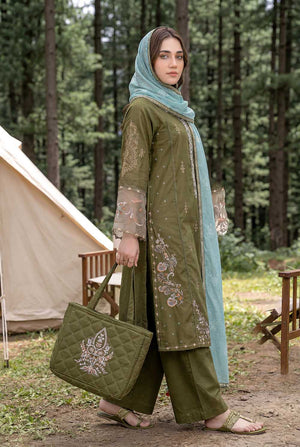 Pakistani brand Zahra Rubab Mehndi embroidered lawn suit with hand painted dupatta in Canada