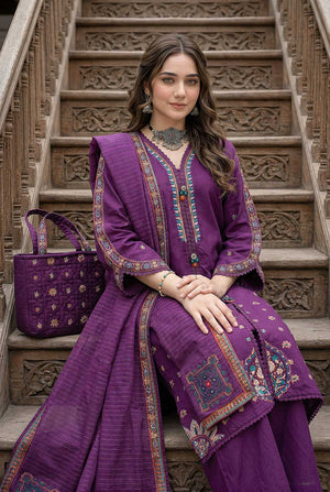 Zahra Rubab ZR-2628 Purple embroidered lawn suit with hand painted doria dupatta