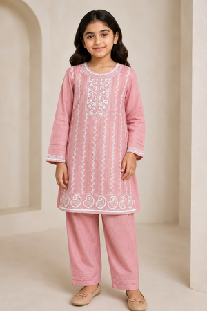 Baby Choice girls pink embroidered cotton 2 piece suit with matching trousers.