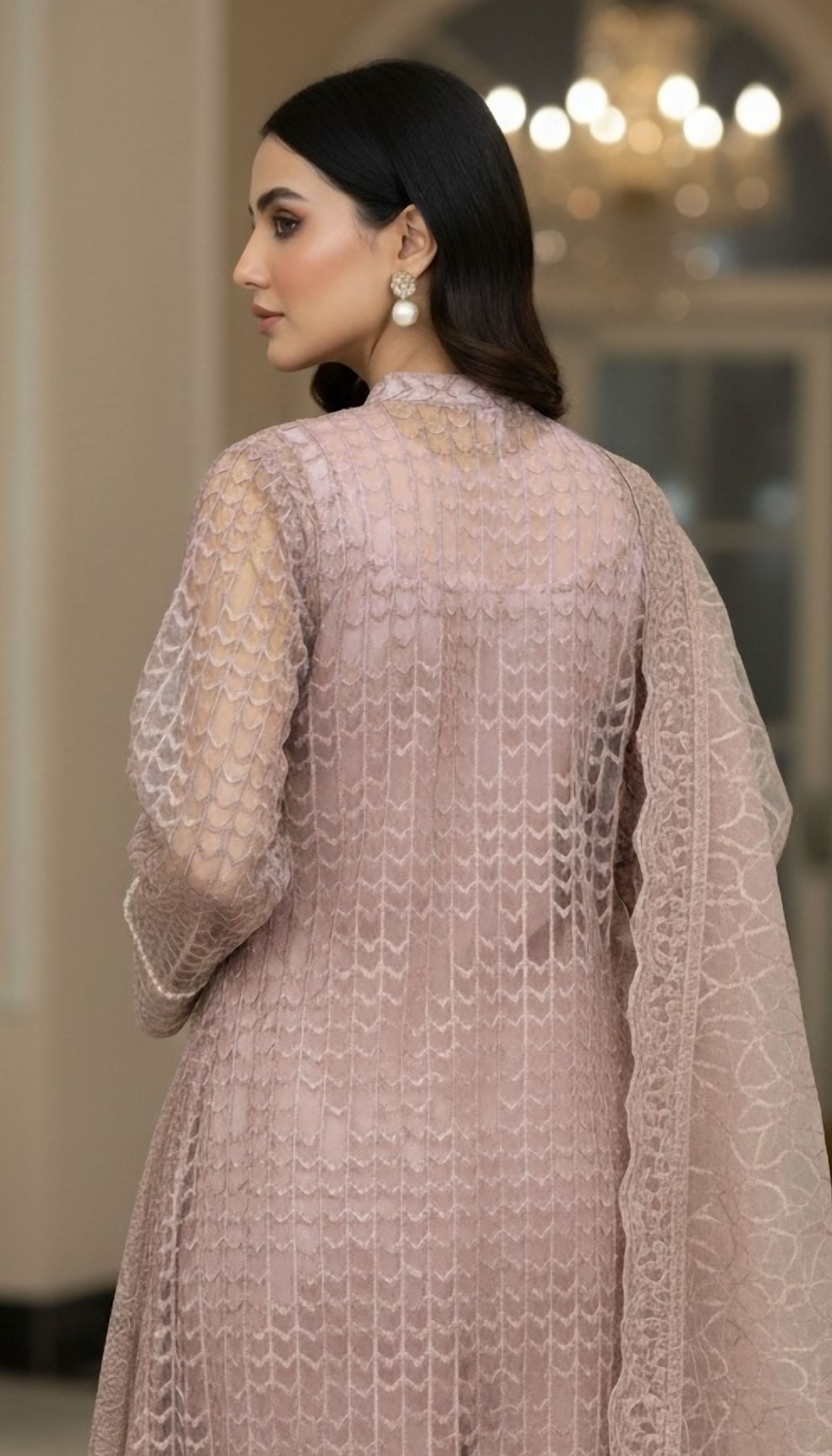 Elegant Rose Gold Pakistani Formal Embroidered 3 Piece Dress