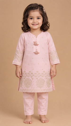 Baby Choice pink embossed glitter lawn embroidered girls 2 piece suit with matching embroidered trousers in Canada