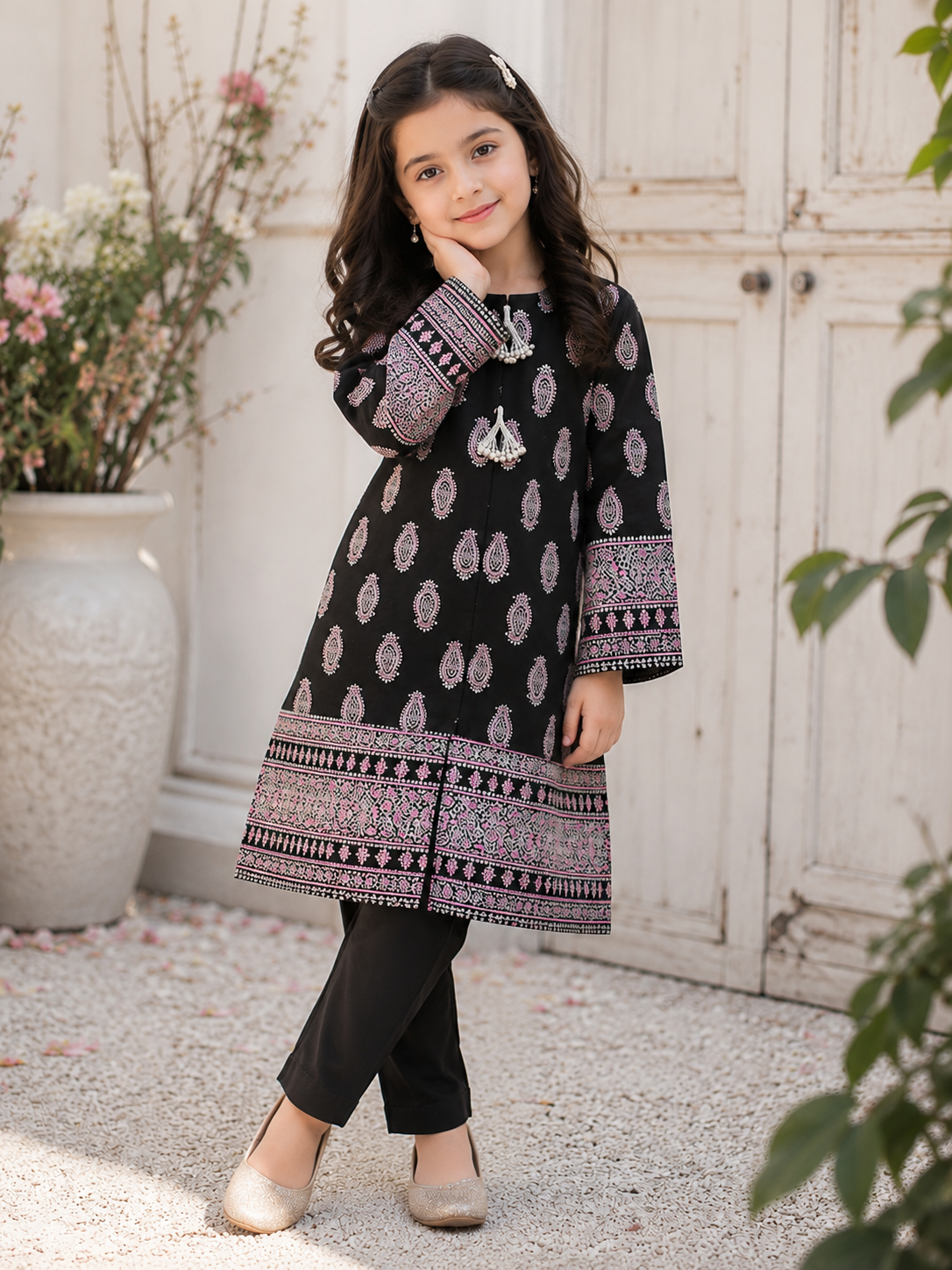 Girls black embroidered 2 piece cotton suit from Maryam Qasim Boutique in canada