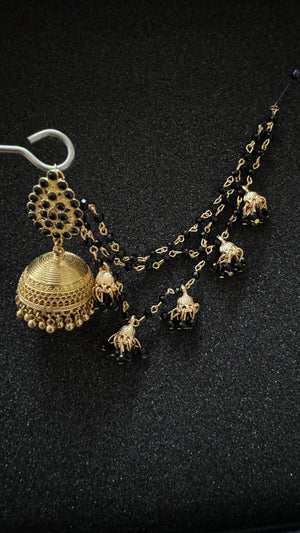 Antique gold black beaded jhumka earrings with matching sahara chain for traditional Pakistani and Indian bridal wear