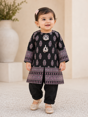 Baby Choice black kids cotton 2 piece suit with printed shirt and matching trousers for girls in canada