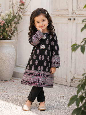 Baby Choice black kids cotton 2 piece suit with printed shirt and matching trousers for girls.