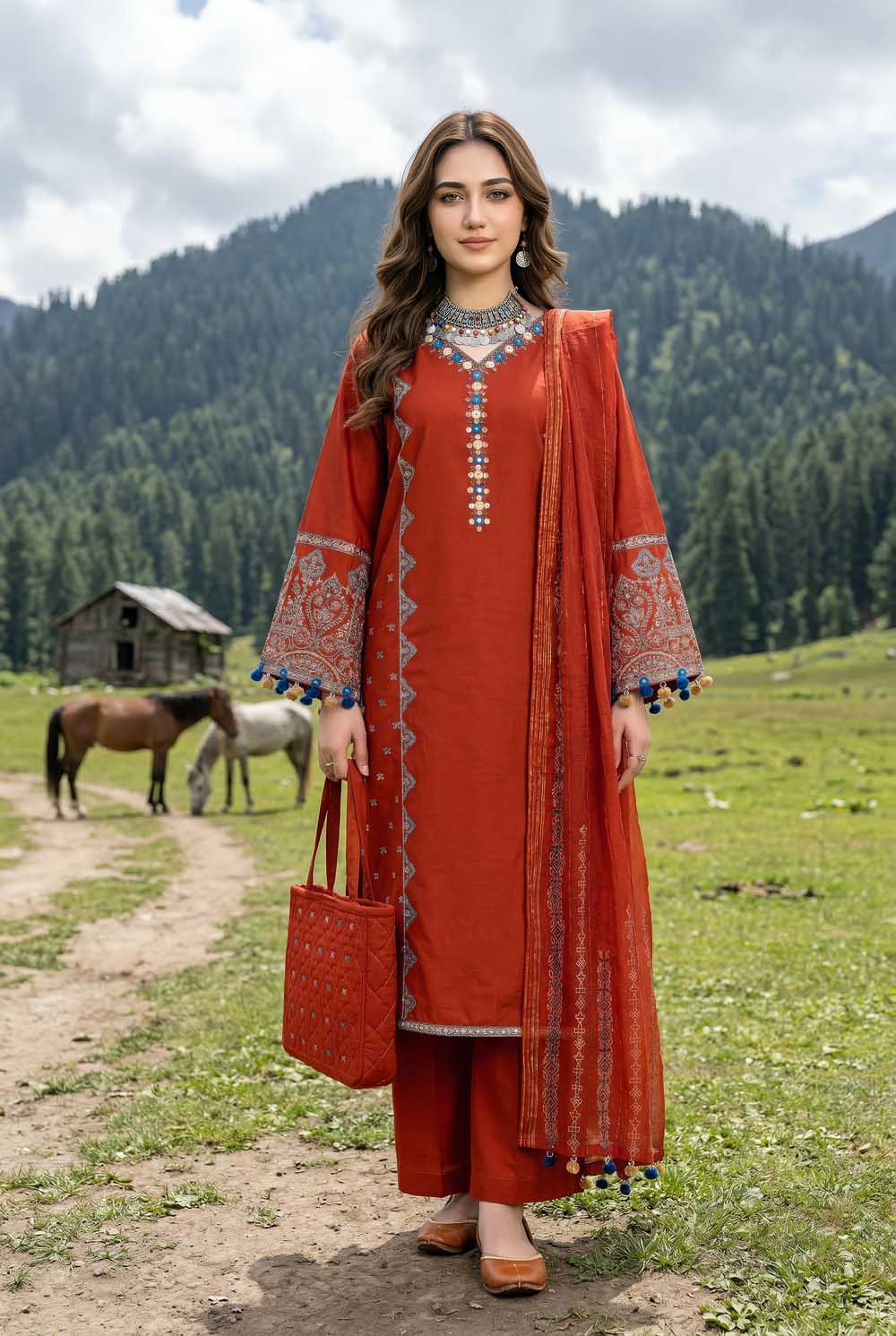 Zahra Rubab Rust 4 Piece Embroidered Lawn Suit with Mirror Work