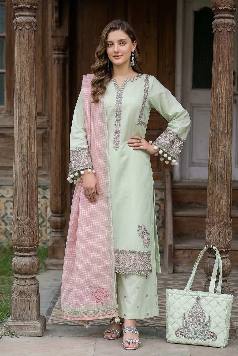 Zahra Rubab Mint 4 Piece Embroidered Lawn Suit with Hand Painted Dupatta