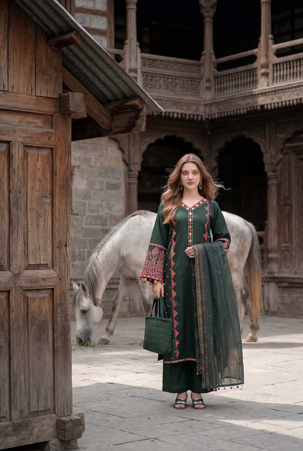 Zahra Rubab Forest Green 4 Piece Embroidered Lawn wear