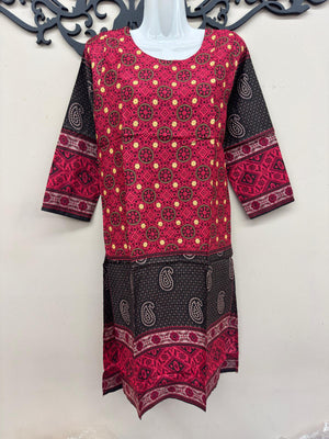 Red lining kurti top for women with stylish casual design by Maryam Qasim Boutique