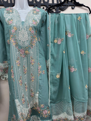 embroidered cotton 3 piece Pakistani suit with chiffon embroidered dupatta and cotton trousers