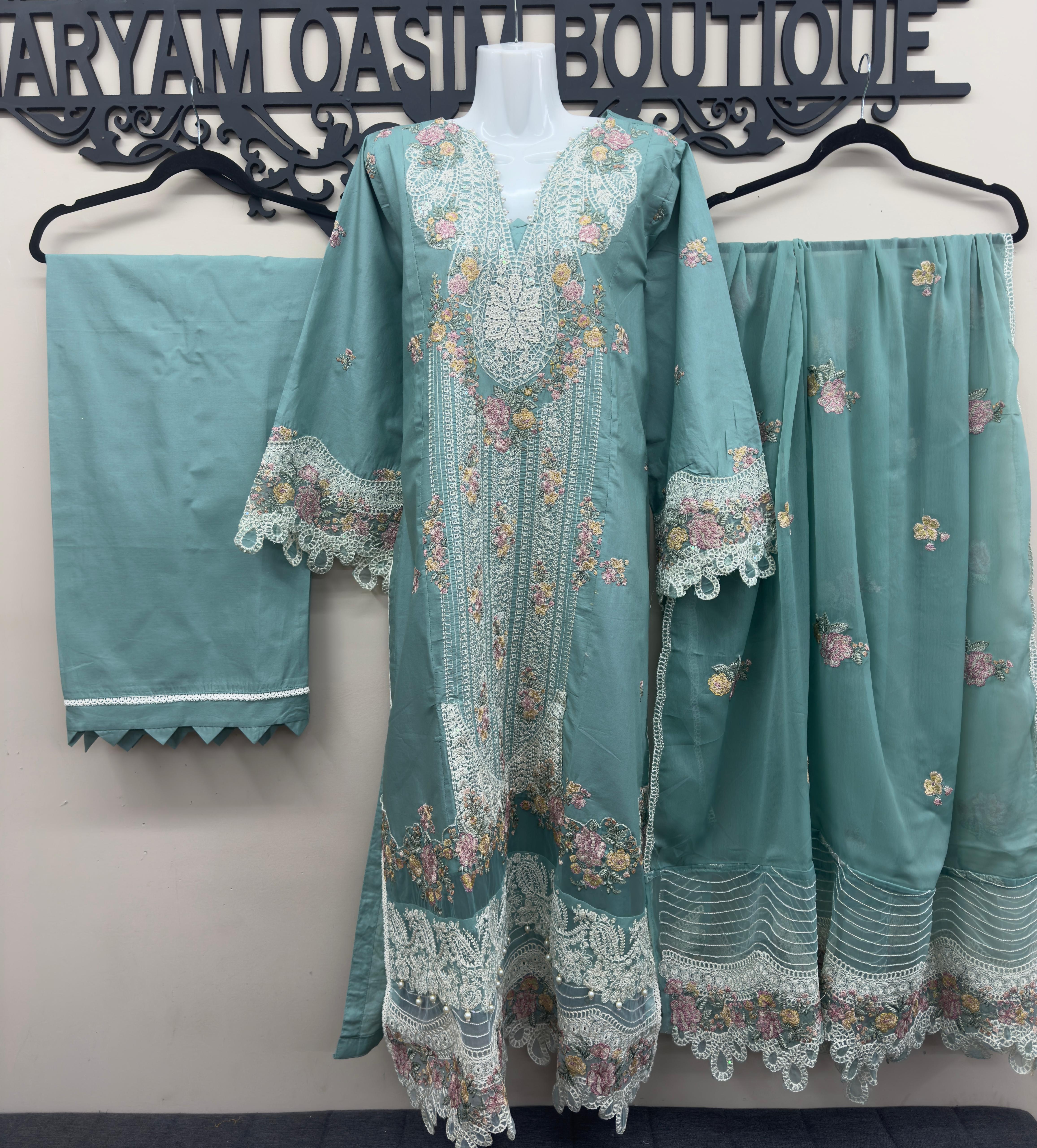 embroidered cotton 3 piece Pakistani suit with chiffon embroidered dupatta and cotton trousers