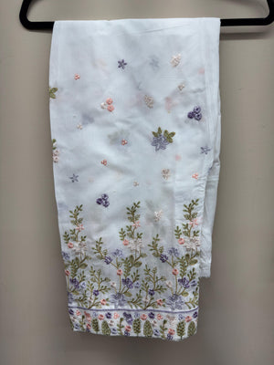 Beige embroidered cotton 3 piece Pakistani suit with embroidered shalwar and voile zari dupatta