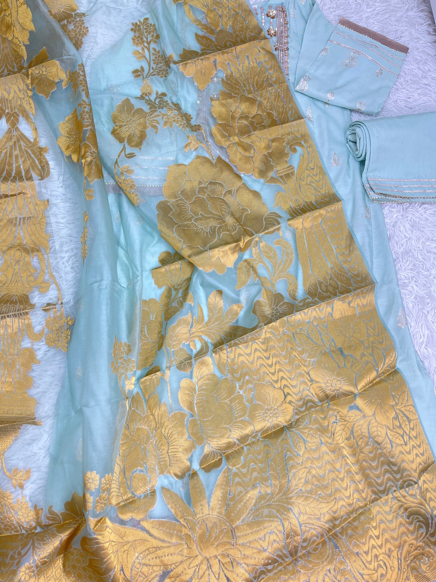 Cotton Long Blue Maxi Dress 3PC