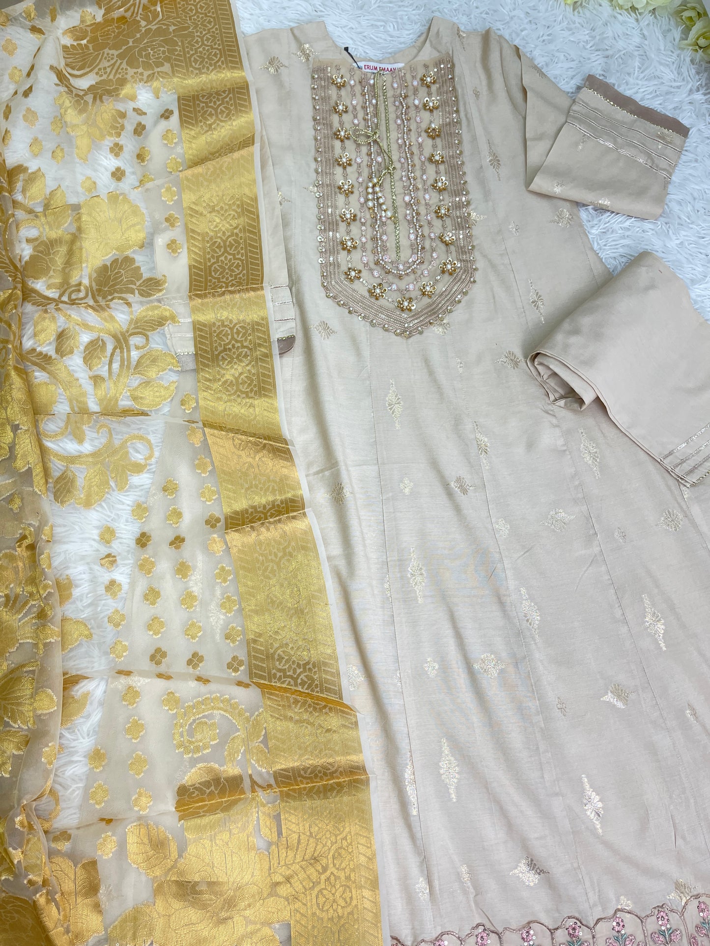 Cotton Long Cream Maxi Dress 3PC