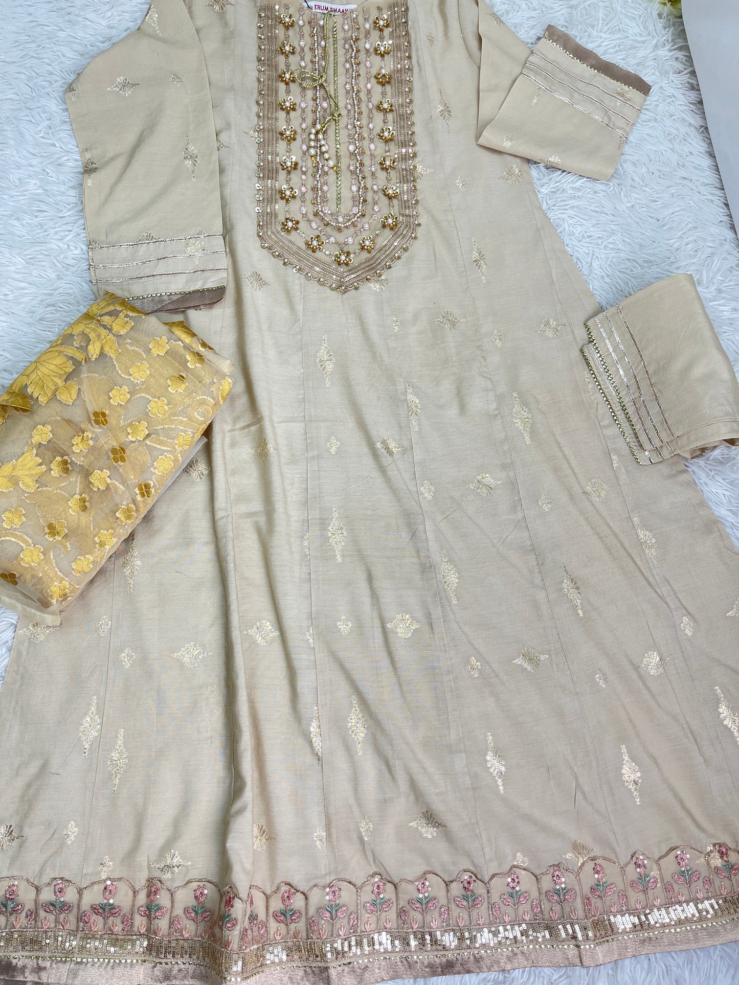 Cotton Long Cream Maxi Dress 3PC