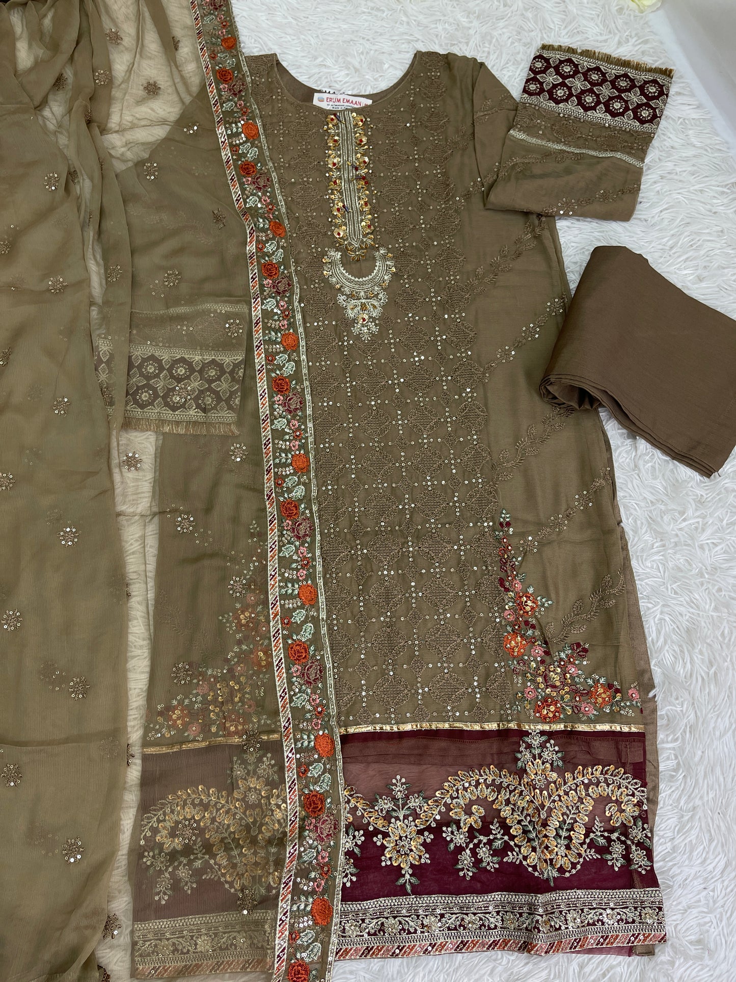 3PC Fancy Brown Outfit with Embroidery