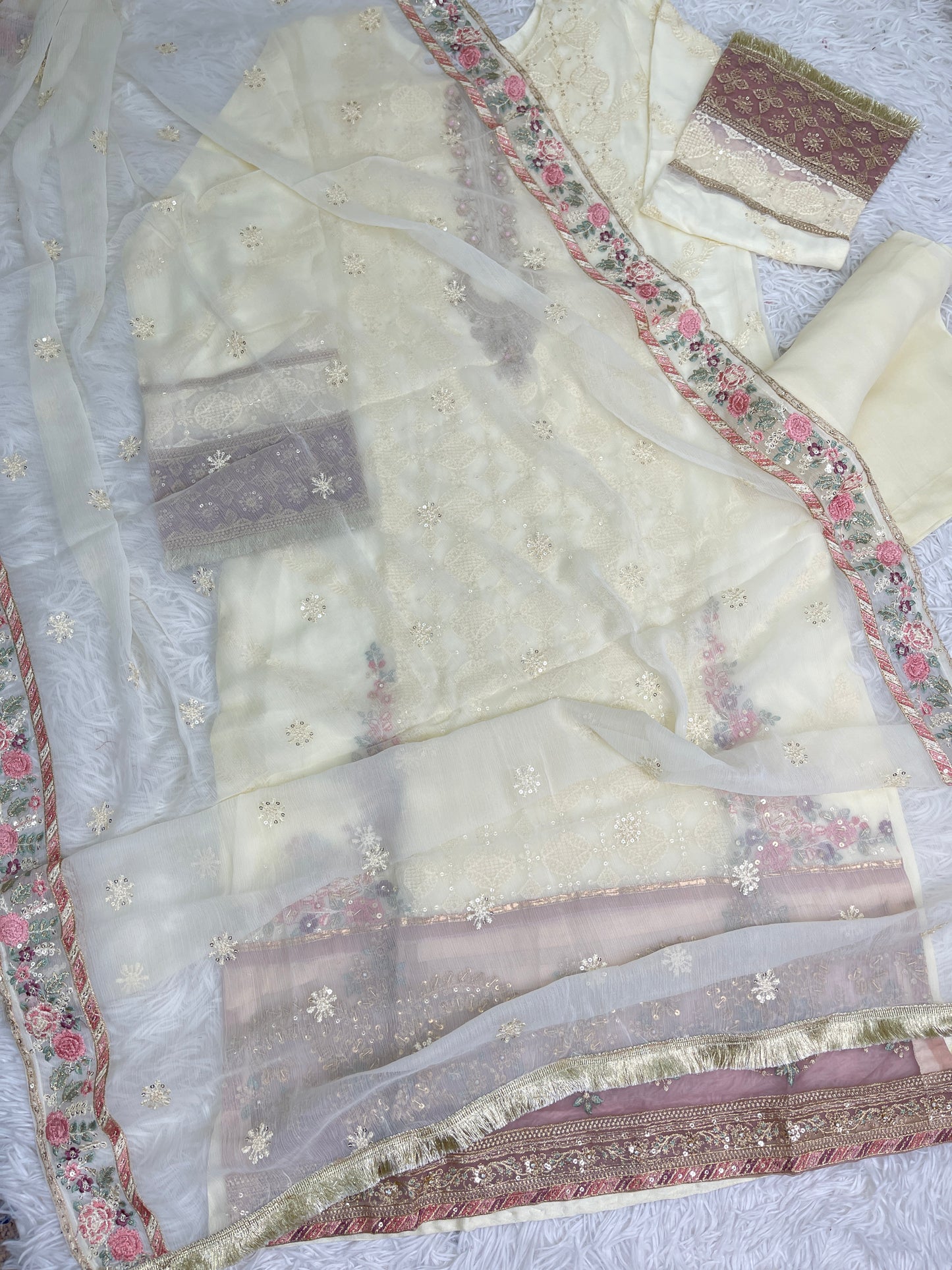 3PC Fancy Cream Outfit with Embroidery