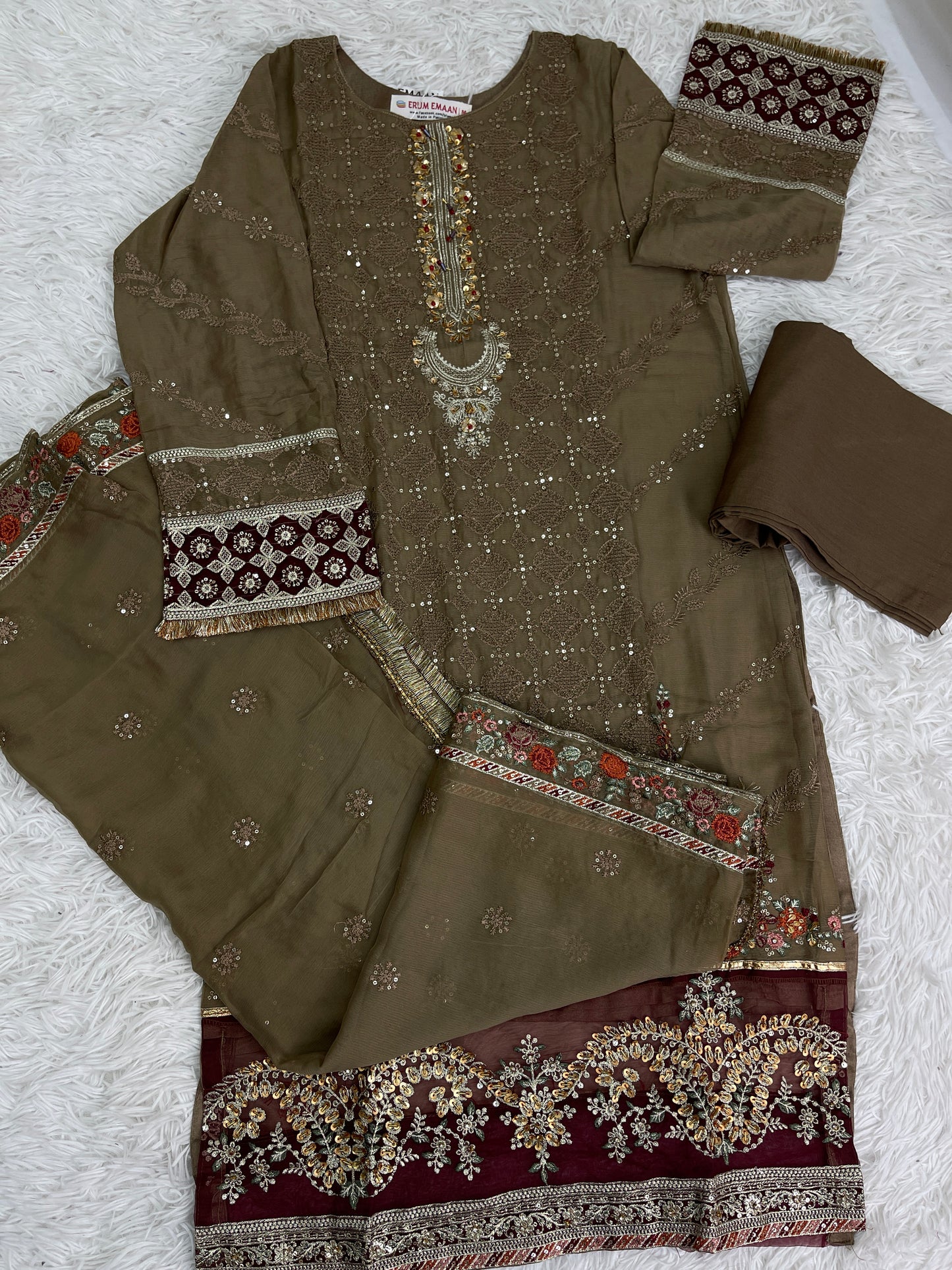 3PC Fancy Brown Outfit with Embroidery