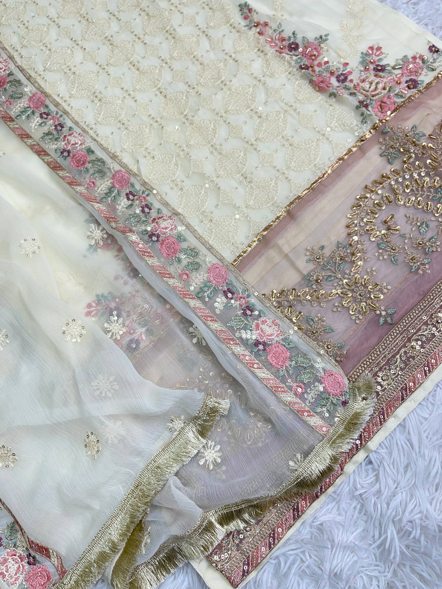 3PC Fancy Cream Outfit with Embroidery