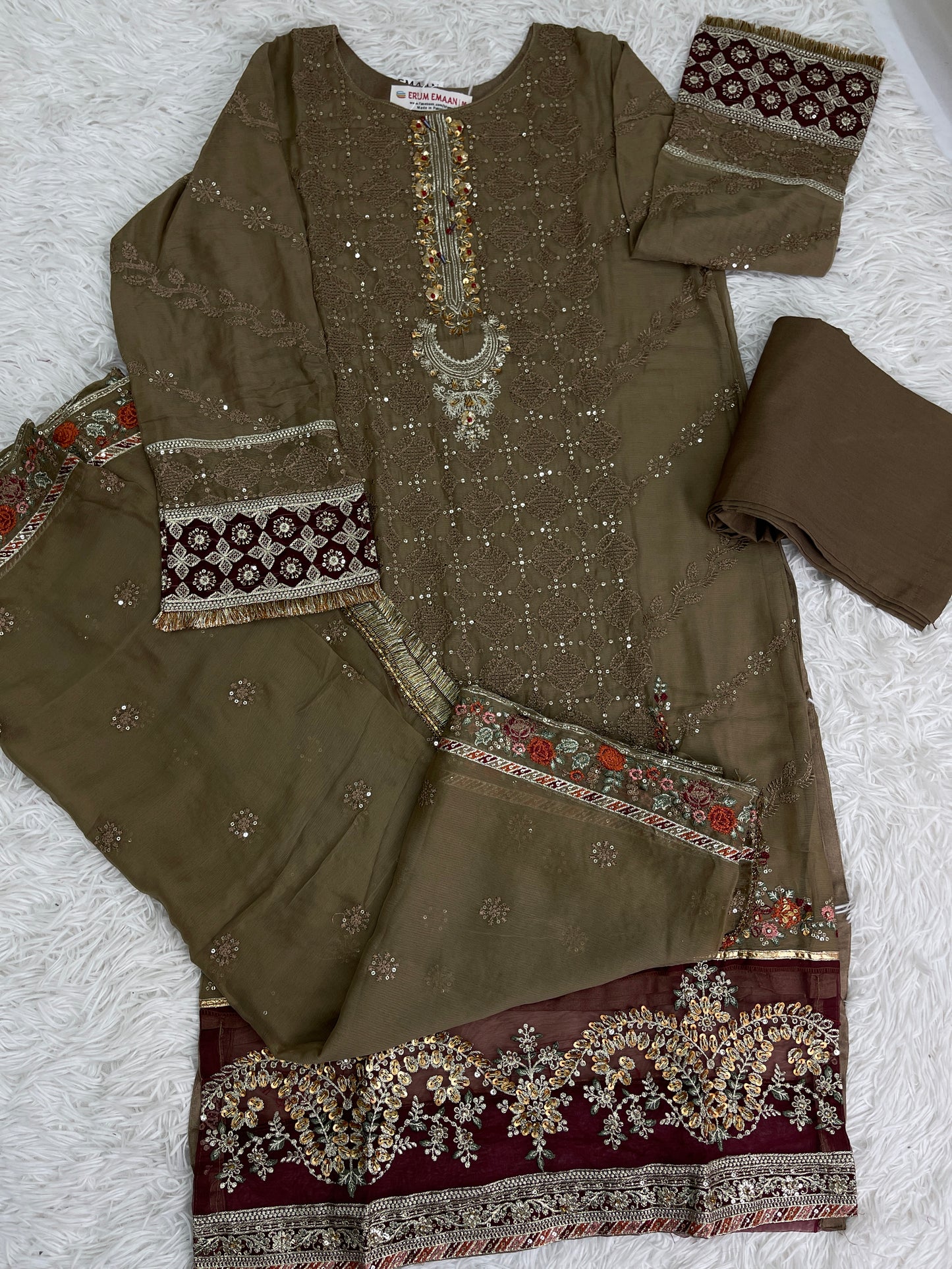 3PC Fancy Brown Outfit with Embroidery
