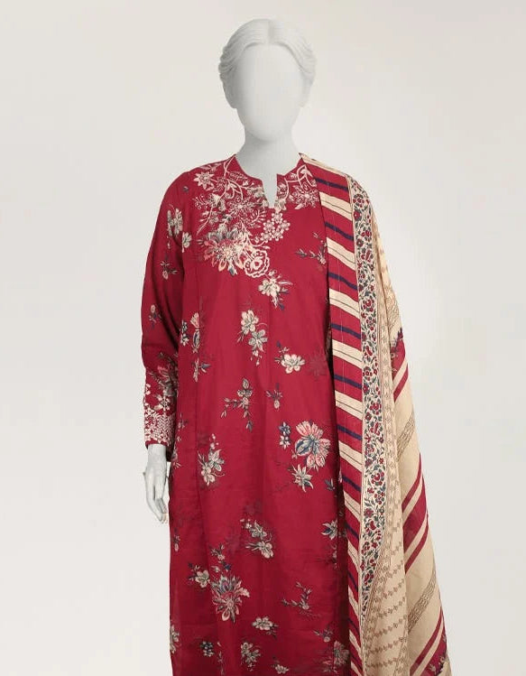 J. Maroon Lawn Embroidered 3 Piece Stitched Suit