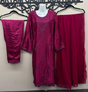 Deep magenta pink embroidered silk 3-piece Pakistani suit with chiffon dupatta