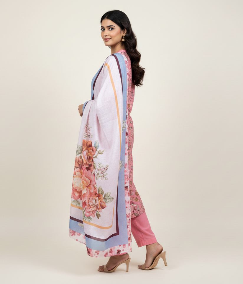 3 Pcs Pink Lawn Printed Suit for Women – Summer Shirt trouser Dupatta Set