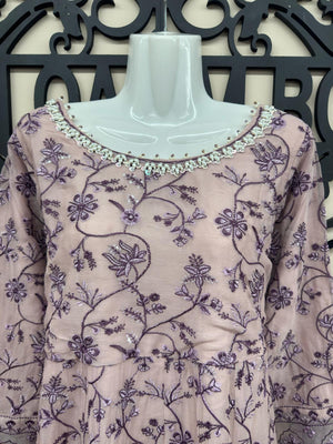 lilac chiffon embroidered maxi dress with chiffon dupatta and trousers