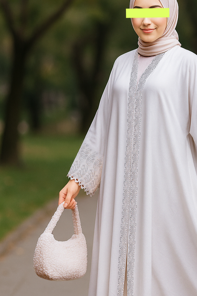 White Bead Embraided Free-Size Abaya – Elegant Modest Wear