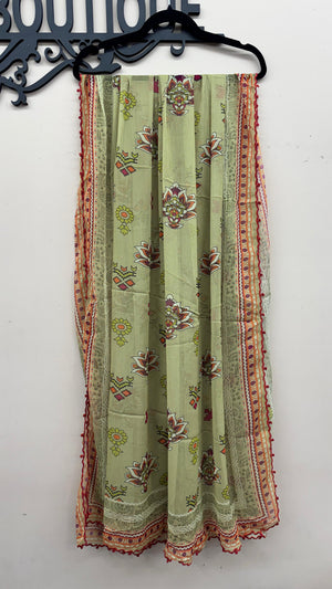 Elegant olive green embroidered Pakistani suit with printed chiffon dupatta