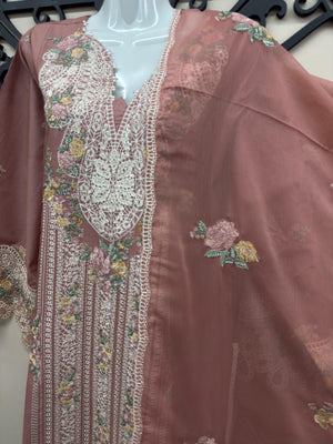 soft pink embroidered cotton 3 piece Pakistani suit with chiffon embroidered dupatta and cotton trousers
