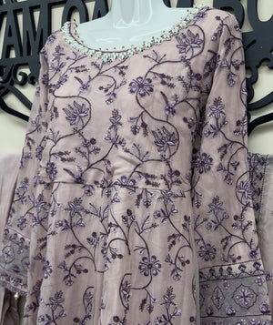 Indian lilac chiffon embroidered maxi dress with chiffon dupatta and trousers in canada