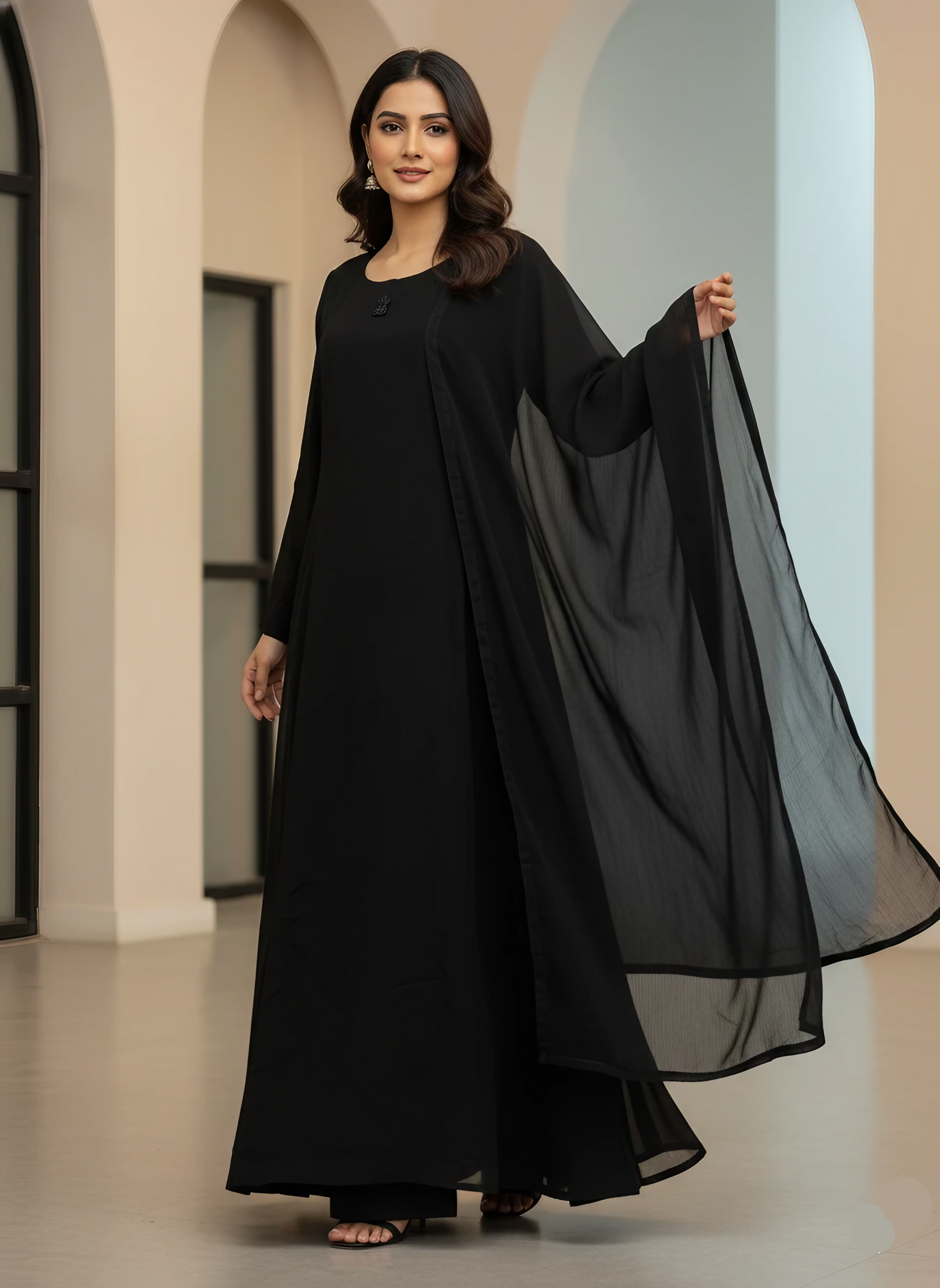 3-Piece Jet Black Chiffon Maxi
