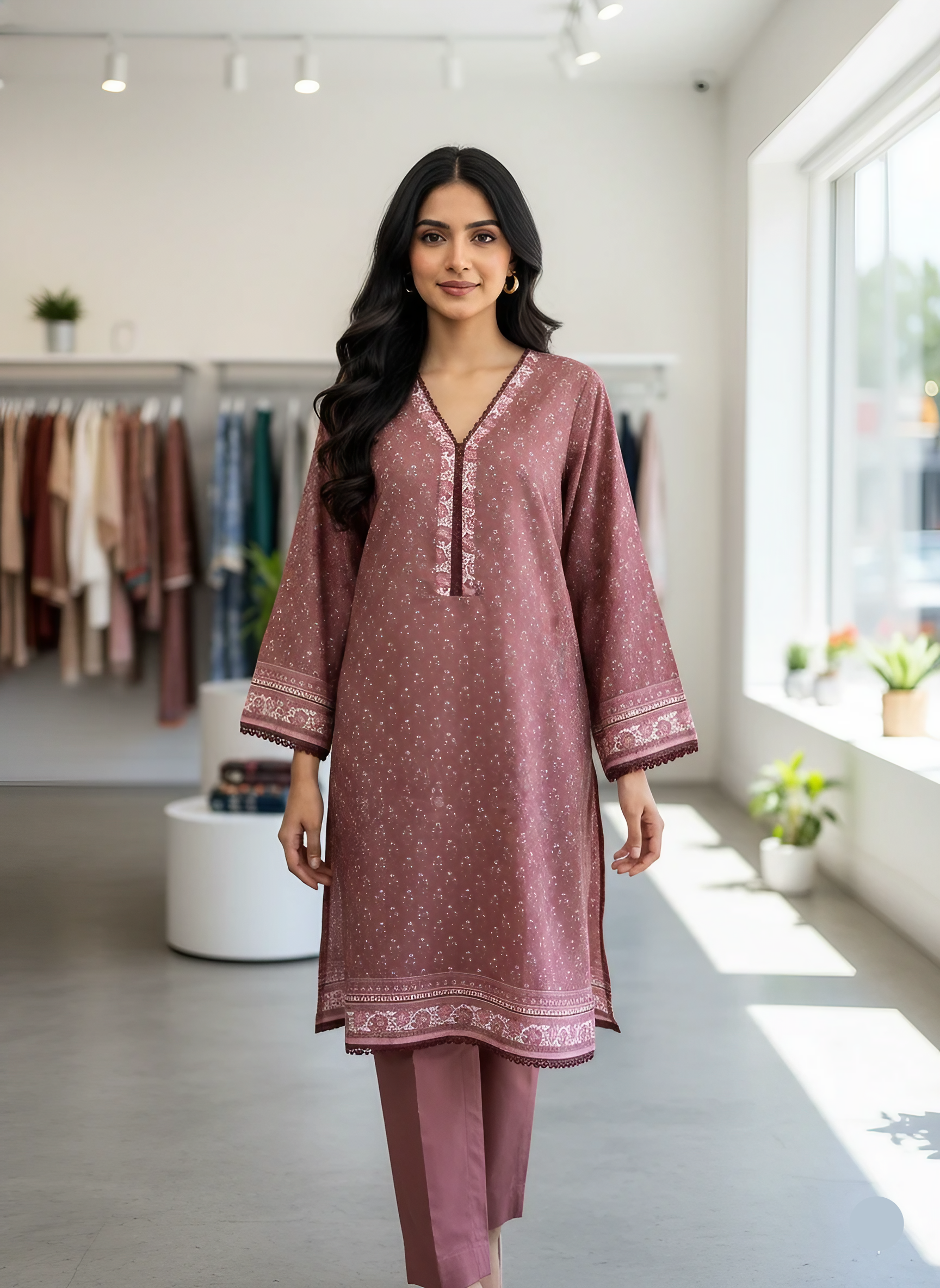 Women’s 2PC Lawn Printed Outfit | Shirt & Trouser with Lace Details