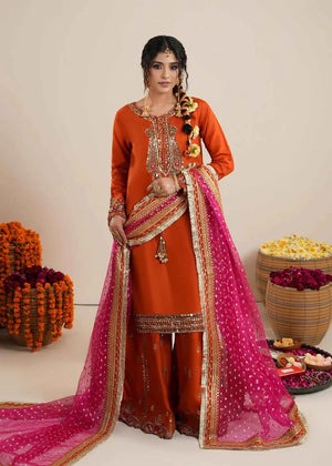 3 piece Rust Orange Raw Silk Sharara Suit – Zarqun Formal Wear Canada