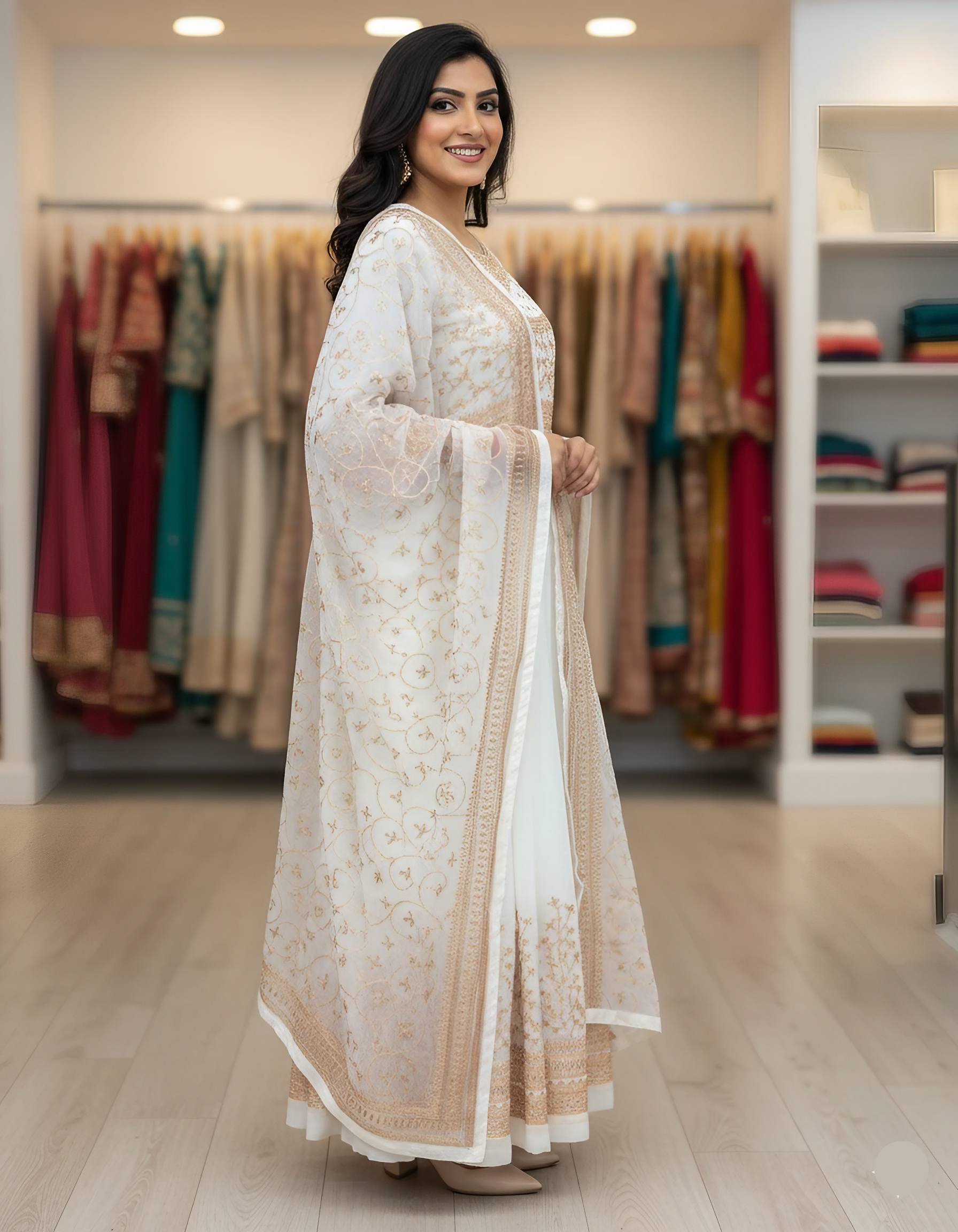 3 Pcs Chiffon Embroidered Maxi Dress for Women – Anarkali with Trouser & Embroidered Dupatta