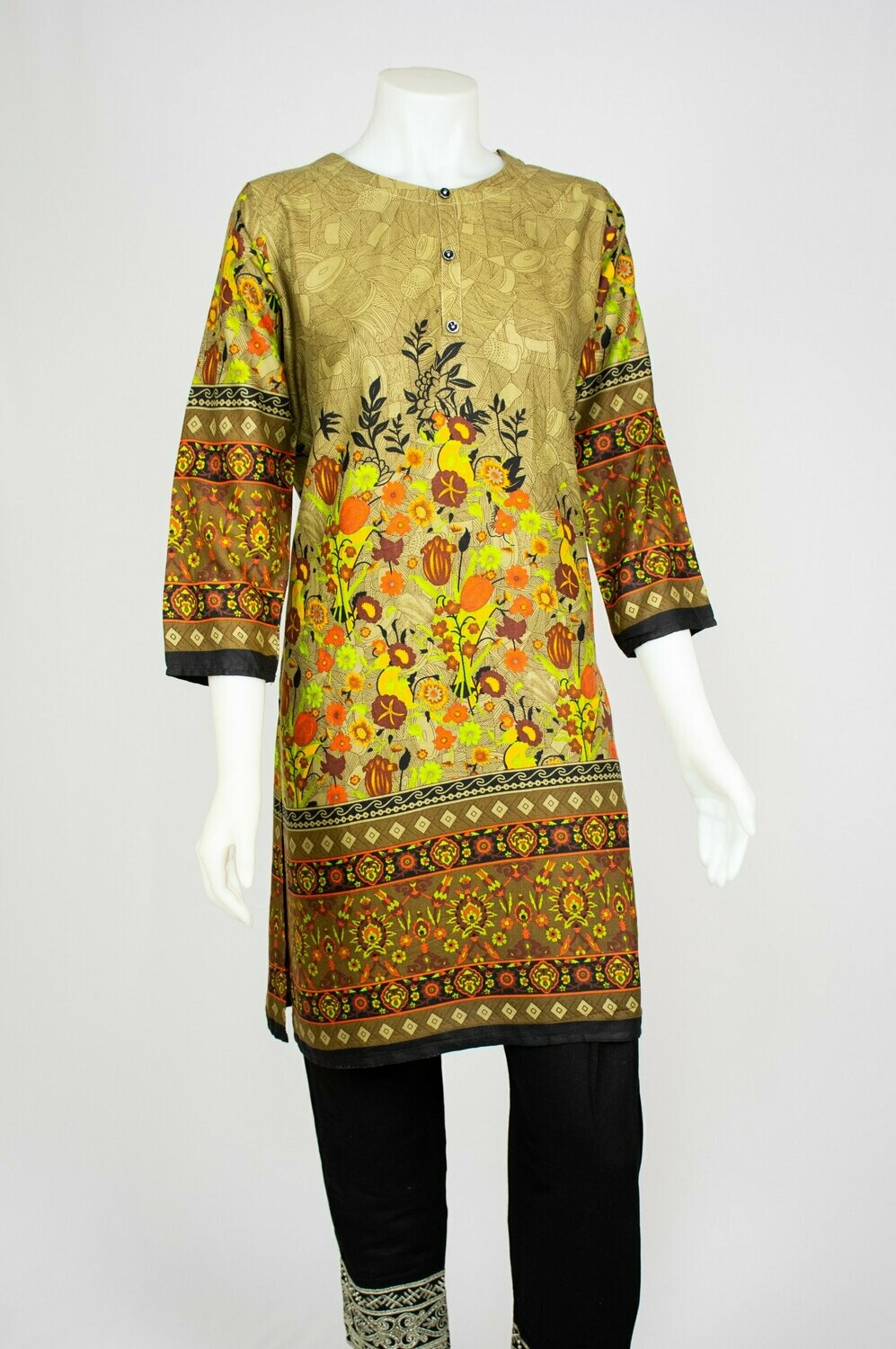 Beige Floral Premium Printed Lilen Top